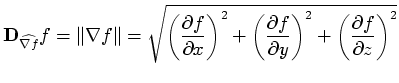 $\displaystyle \mathbf{D}_{\widehat{\nabla f}}f = \Vert\nabla f\Vert = \sqrt{\le...
...partial f}{\partial y}\right)^2 + \left(\frac{\partial f}{\partial z}\right)^2}$