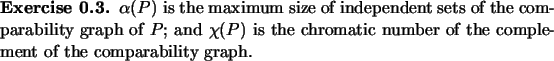 \begin{exercise}
% latex2html id marker 726
$\alpha(P)$\ is the maximum size of ...
...e chromatic number
of the complement of the comparability graph.
\end{exercise}